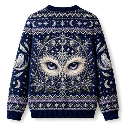 Snowy Owl Sweater Ice Crystal Crescent Moon Winter Knit back view