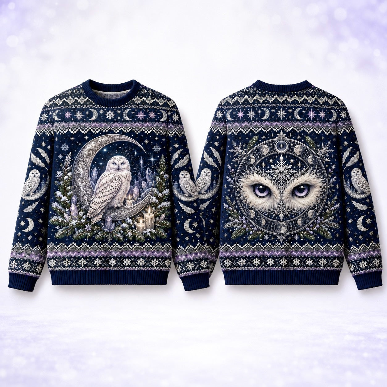Snowy Owl Sweater Ice Crystal Crescent Moon Winter Knit front and back together