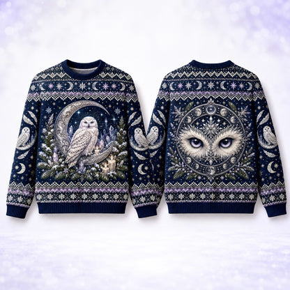 Snowy Owl Sweater Ice Crystal Crescent Moon Winter Knit front and back together