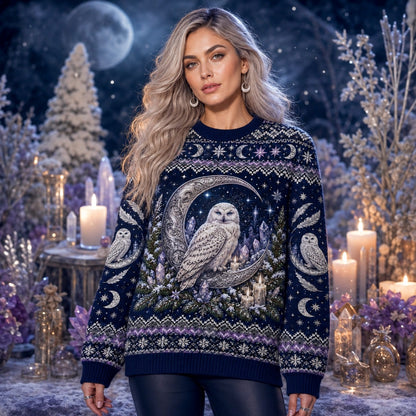 Snowy Owl Sweater Ice Crystal Crescent Moon Winter Knit worn, front view