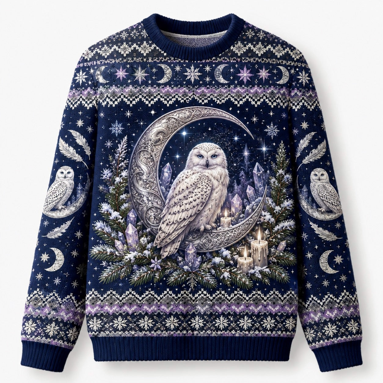 Snowy Owl Sweater Ice Crystal Crescent Moon Winter Knit front view