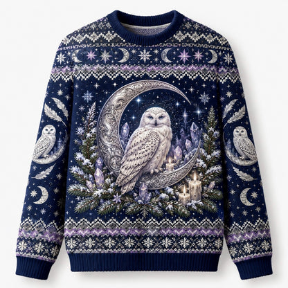 Snowy Owl Sweater Ice Crystal Crescent Moon Winter Knit front view
