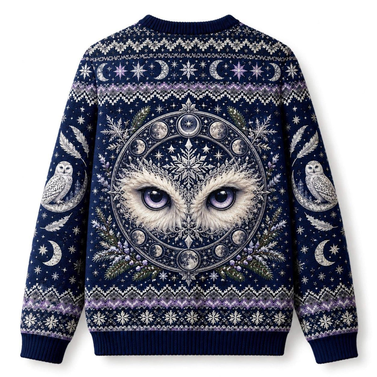 Snowy Owl Sweater Ice Crystal Crescent Moon Winter Knit back view