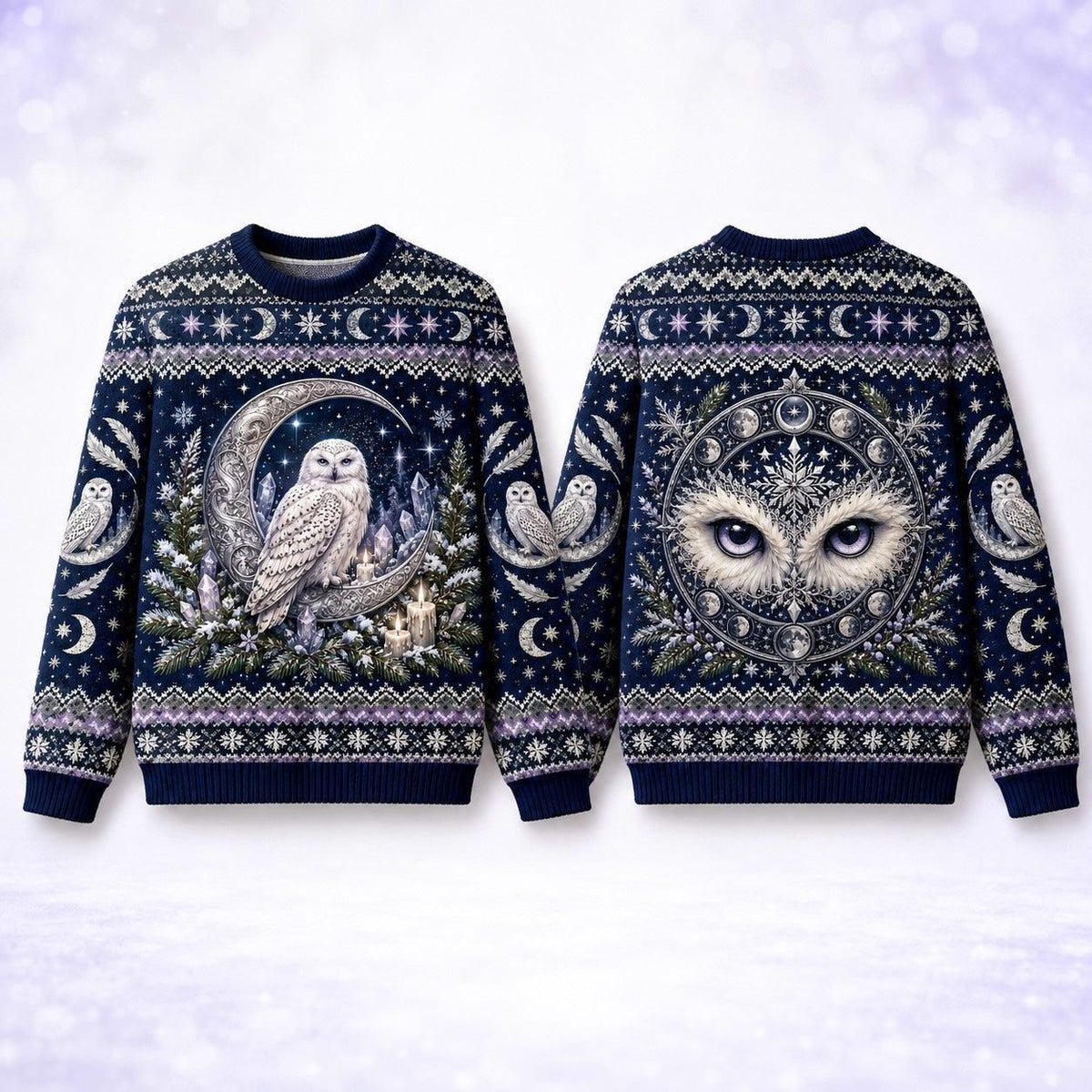Snowy Owl Sweater Ice Crystal Crescent Moon Winter Knit front and back together