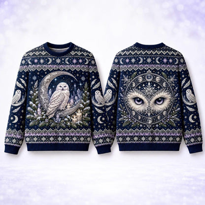 Snowy Owl Sweater Ice Crystal Crescent Moon Winter Knit front and back together