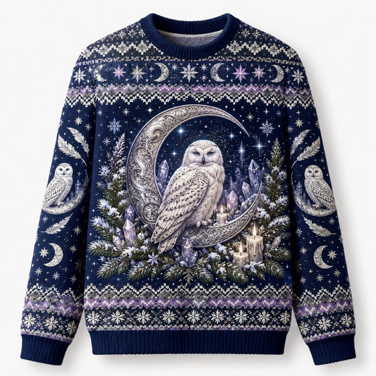 Snowy Owl Sweater Ice Crystal Crescent Moon Winter Knit front view