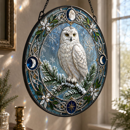 Snowy Owl Yule Glass Suncatcher - hanging view
