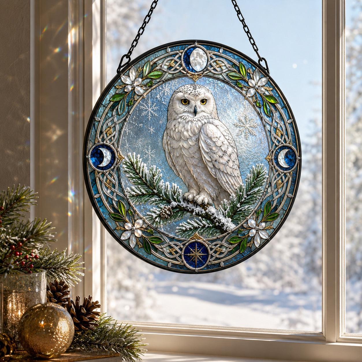 Snowy Owl Yule Glass Suncatcher - sunlight glow