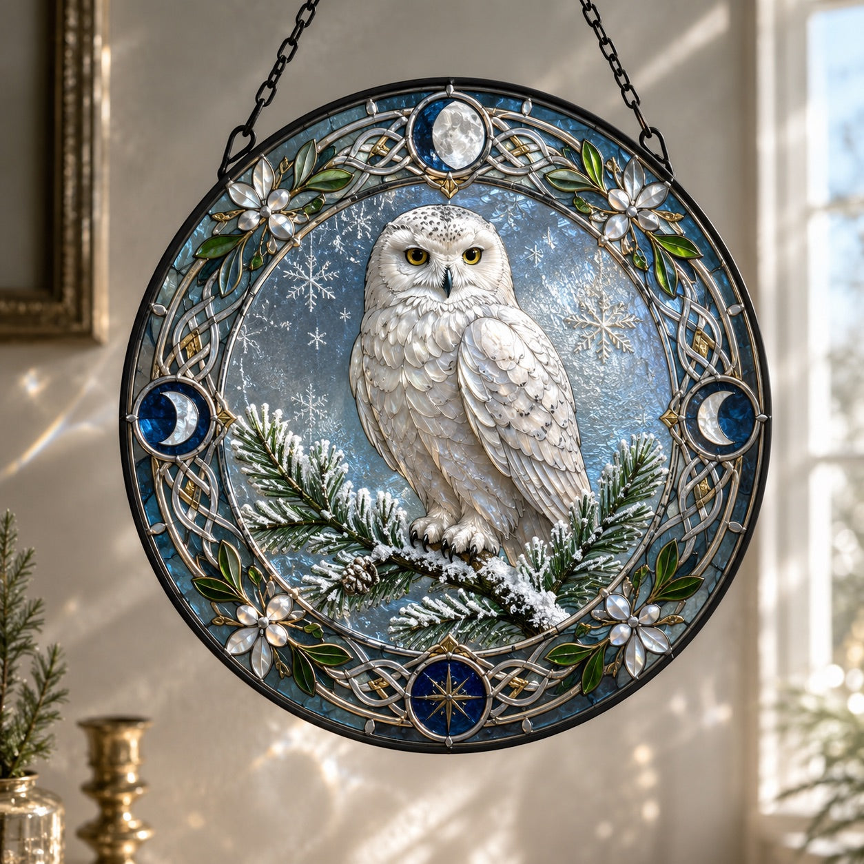 Snowy Owl Yule Glass Suncatcher - window display