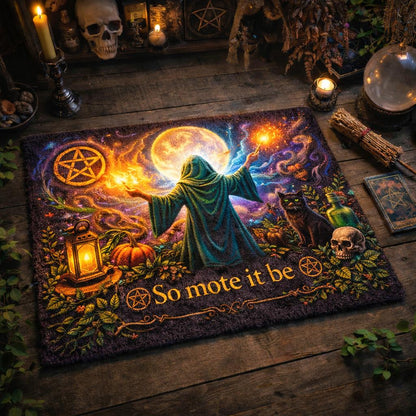 Wiccan doormat with a robed figure, full moon, black cat, pumpkins, and "So mote it be" text.