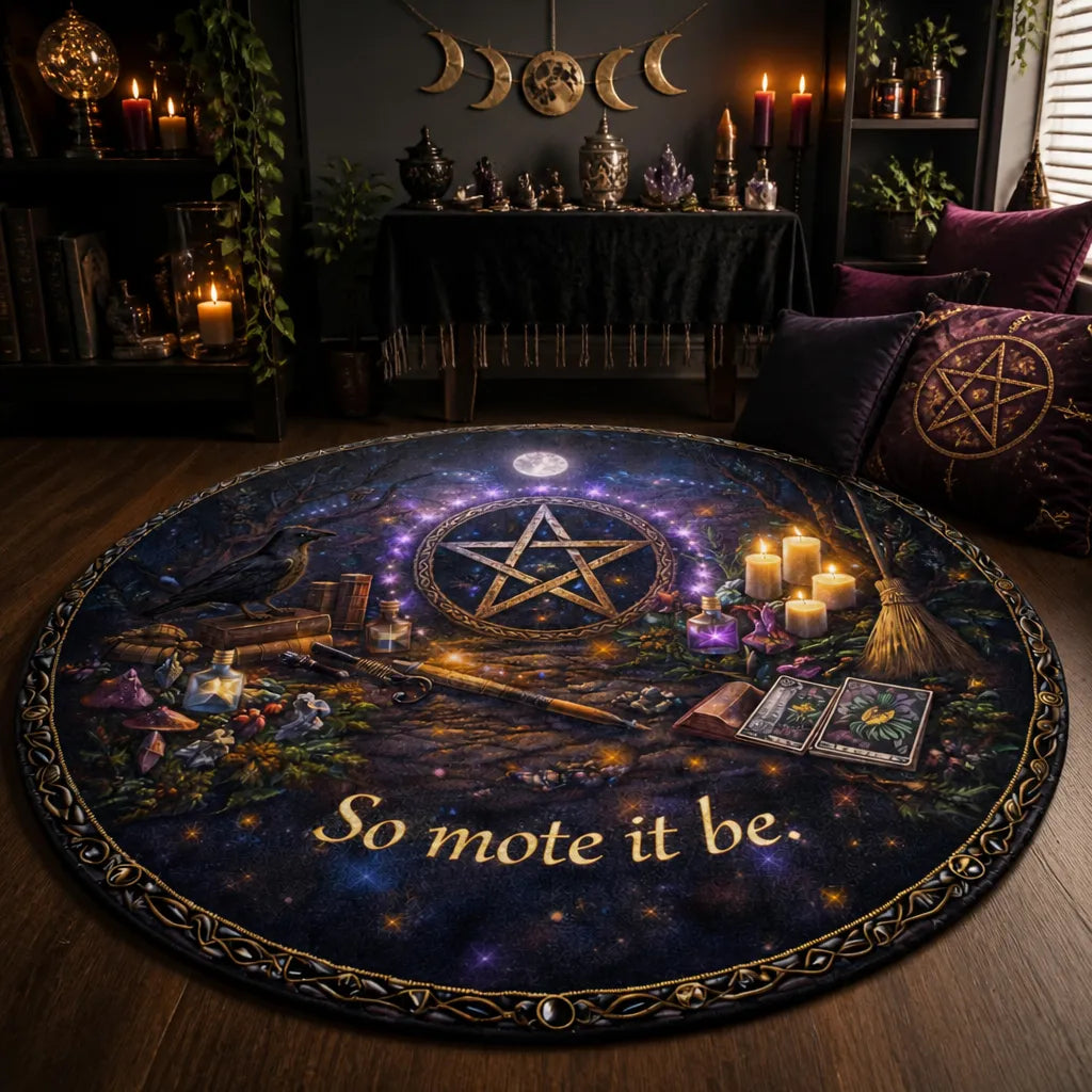 So Mote It Be Wiccan Round Rug - Witchy Raven Witchcraft Carpet Pagan Home Decor_mockup_1.webp