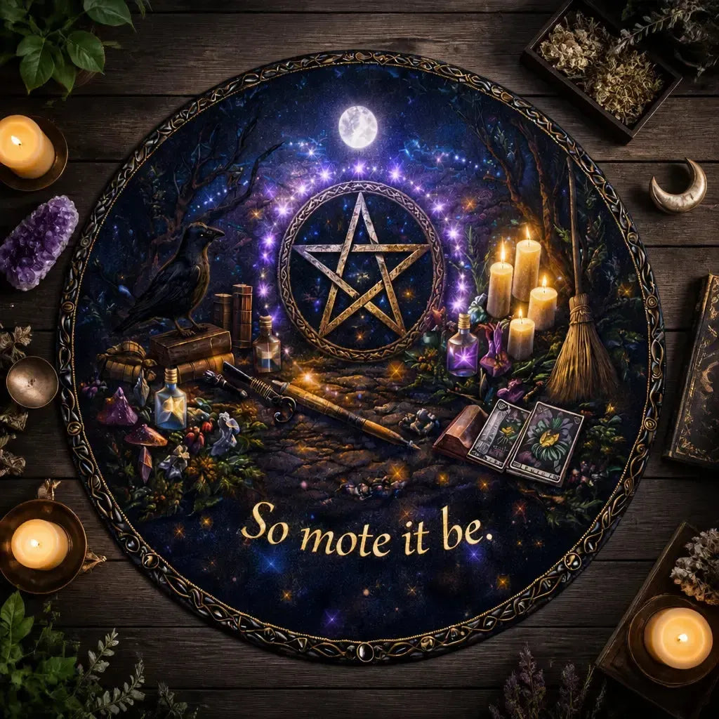 So Mote It Be Wiccan Round Rug - Witchy Raven Witchcraft Carpet Pagan Home Decor_mockup_2.webp