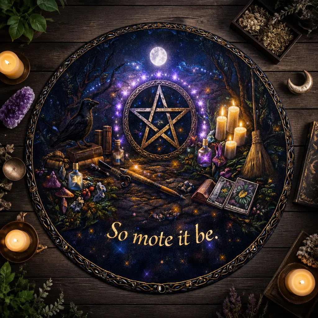 So Mote It Be Wiccan Round Rug - Witchy Raven Witchcraft Carpet Pagan Home Decor_mockup_2.webp