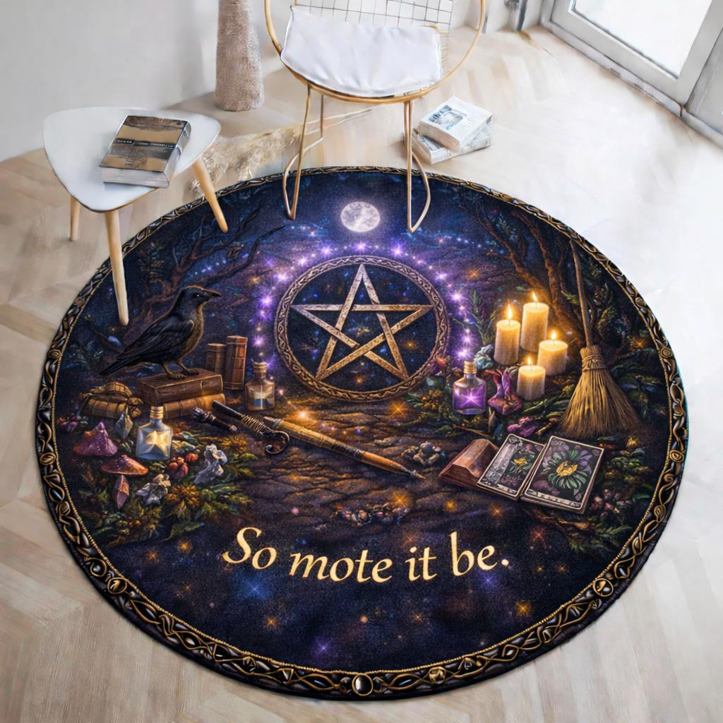 Wiccan round rug with raven, pentacle, candles, and "So mote it be" text on a dark, mystical forest background.