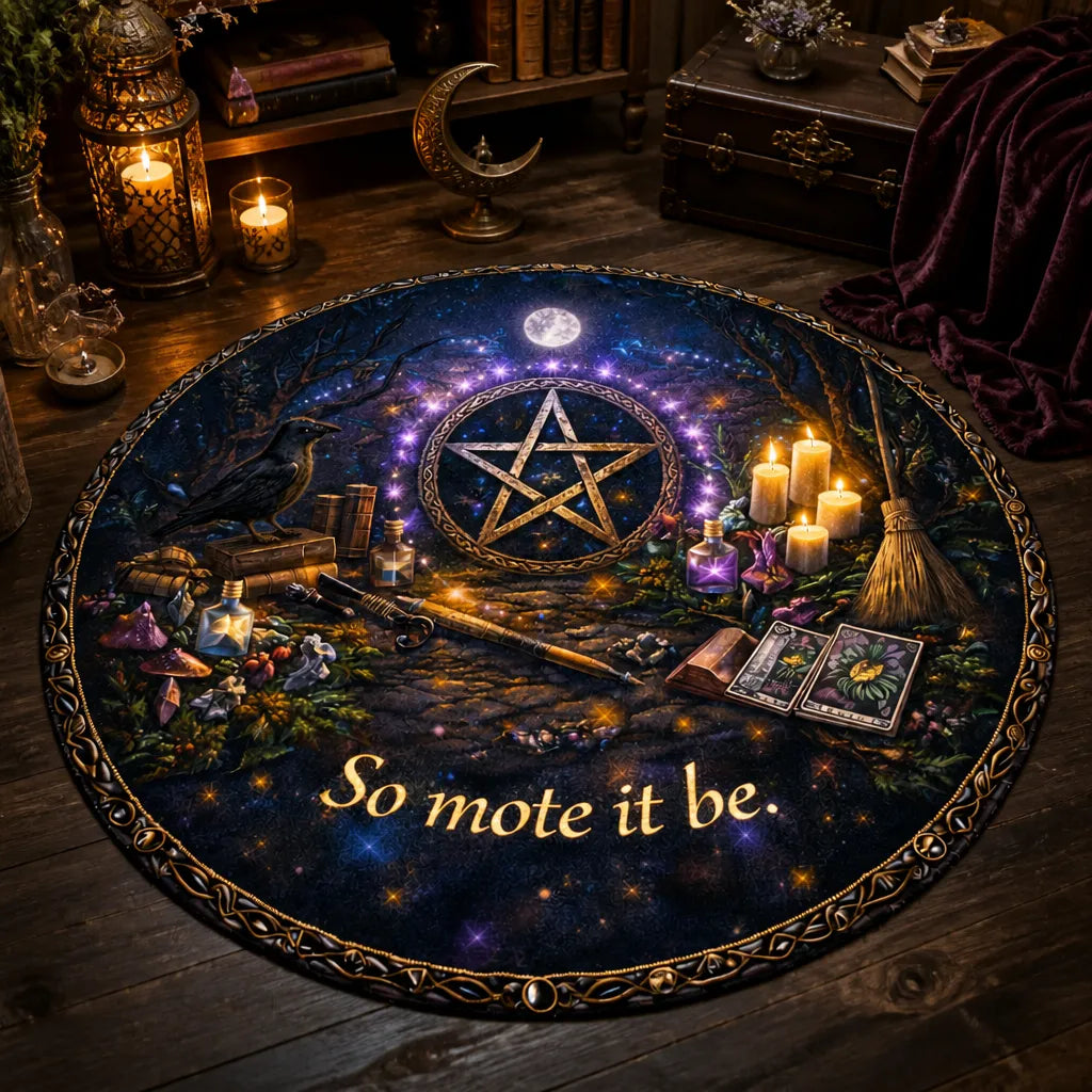 So Mote It Be Wiccan Round Rug - Witchy Raven Witchcraft Carpet Pagan Home Decor_mockup_3.webp