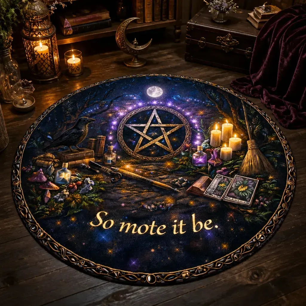So Mote It Be Wiccan Round Rug - Witchy Raven Witchcraft Carpet Pagan Home Decor_mockup_3.webp
