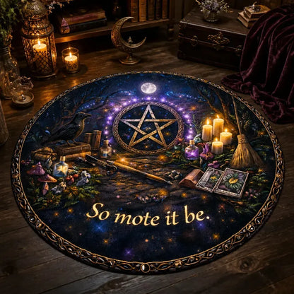 So Mote It Be Wiccan Round Rug - Witchy Raven Witchcraft Carpet Pagan Home Decor_mockup_3.webp