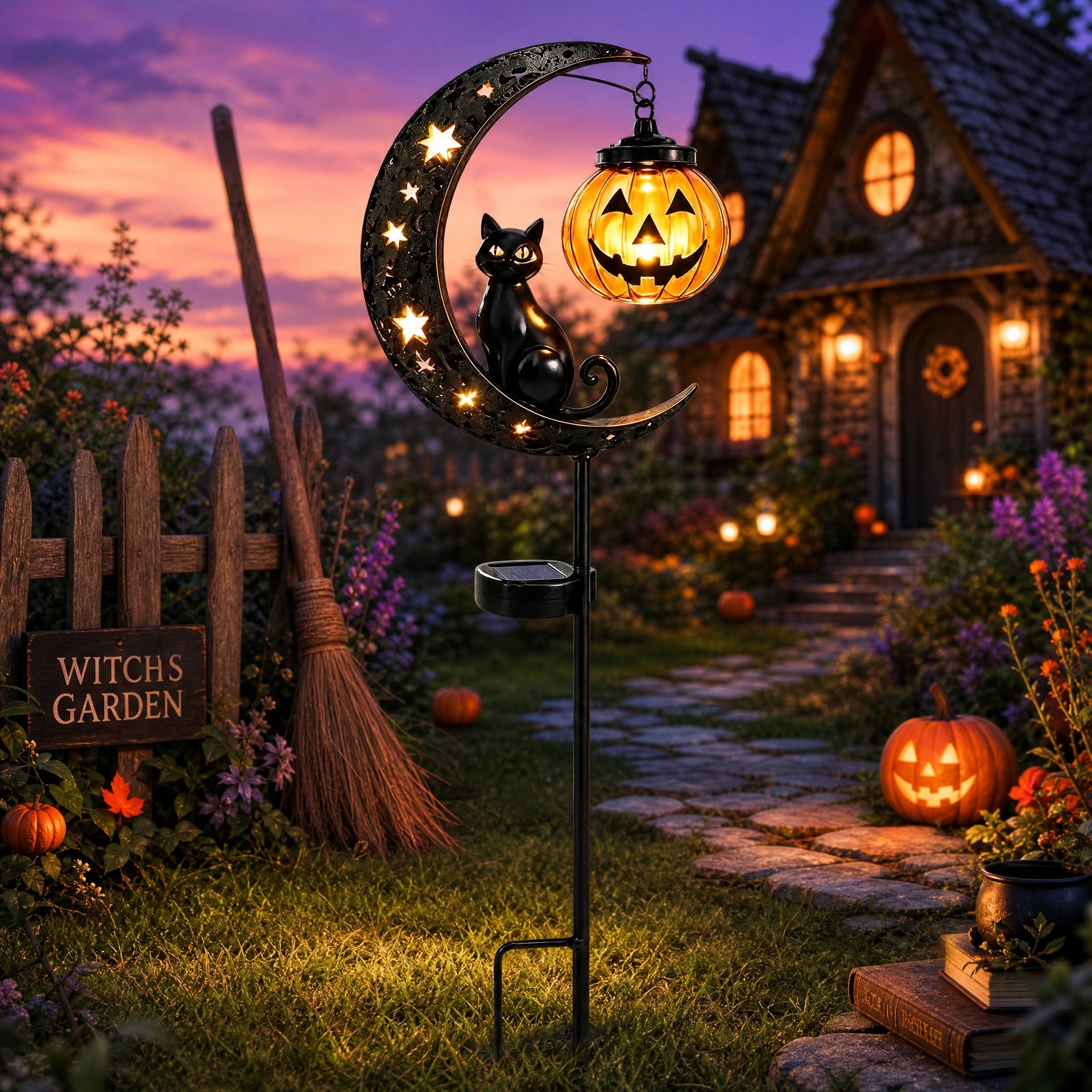Black cat pumpkin moon solar garden stake light glowing in witch's garden at dusk