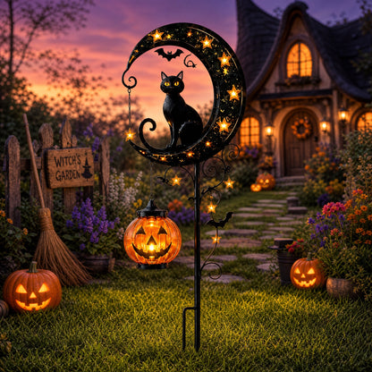 Black cat and bat silhouette solar garden stake light with pumpkin lantern glow