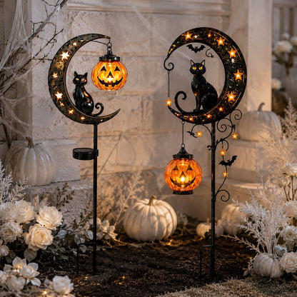 Black cat pumpkin and bat design solar garden stakes with white pumpkins and roses