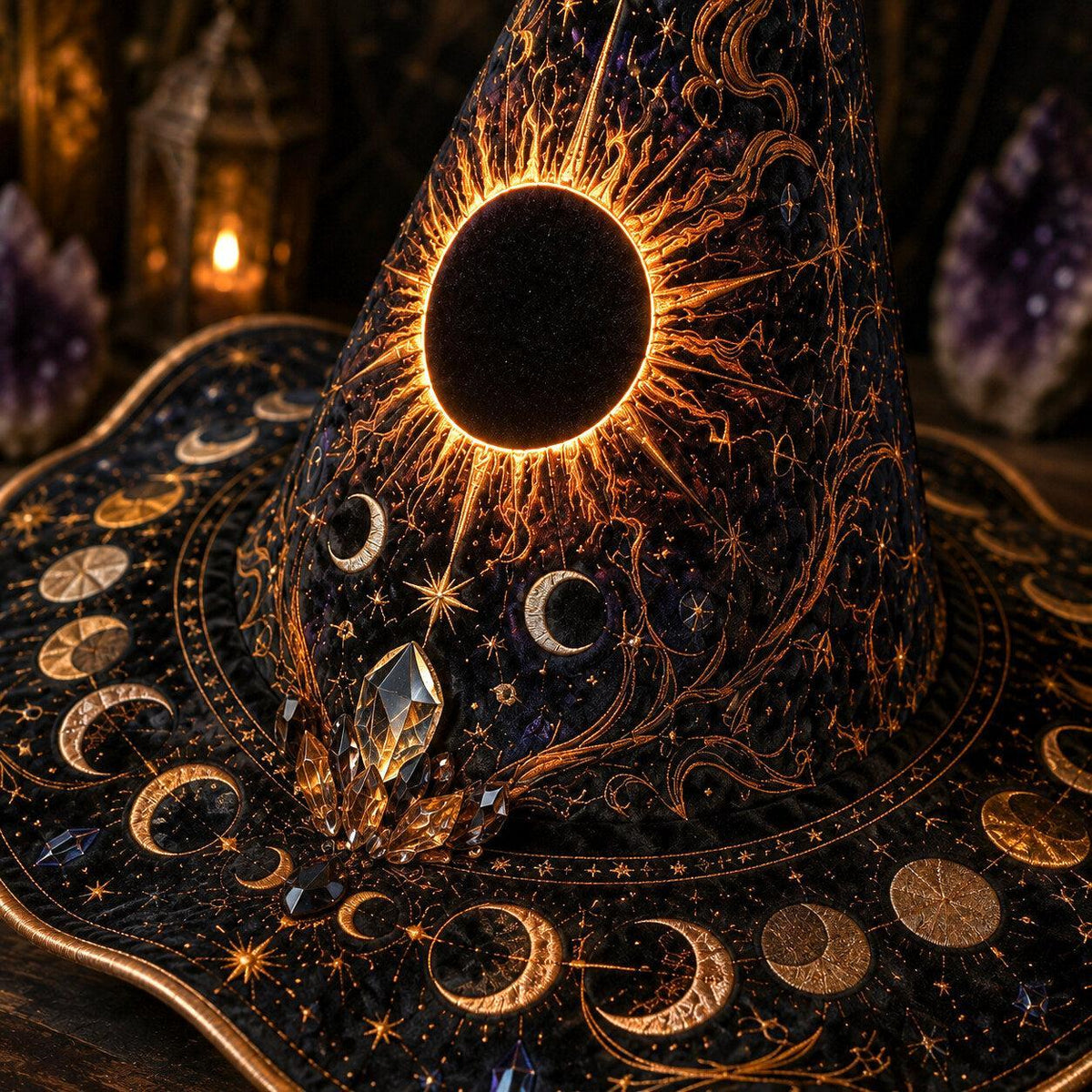Solar Eclipse Witch Hat – Sun Moon Celestial Wiccan Brim Hat – styled with candles and crystals