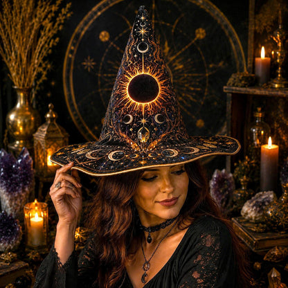 Solar Eclipse Witch Hat – Sun Moon Celestial Wiccan Brim Hat – worn, front view