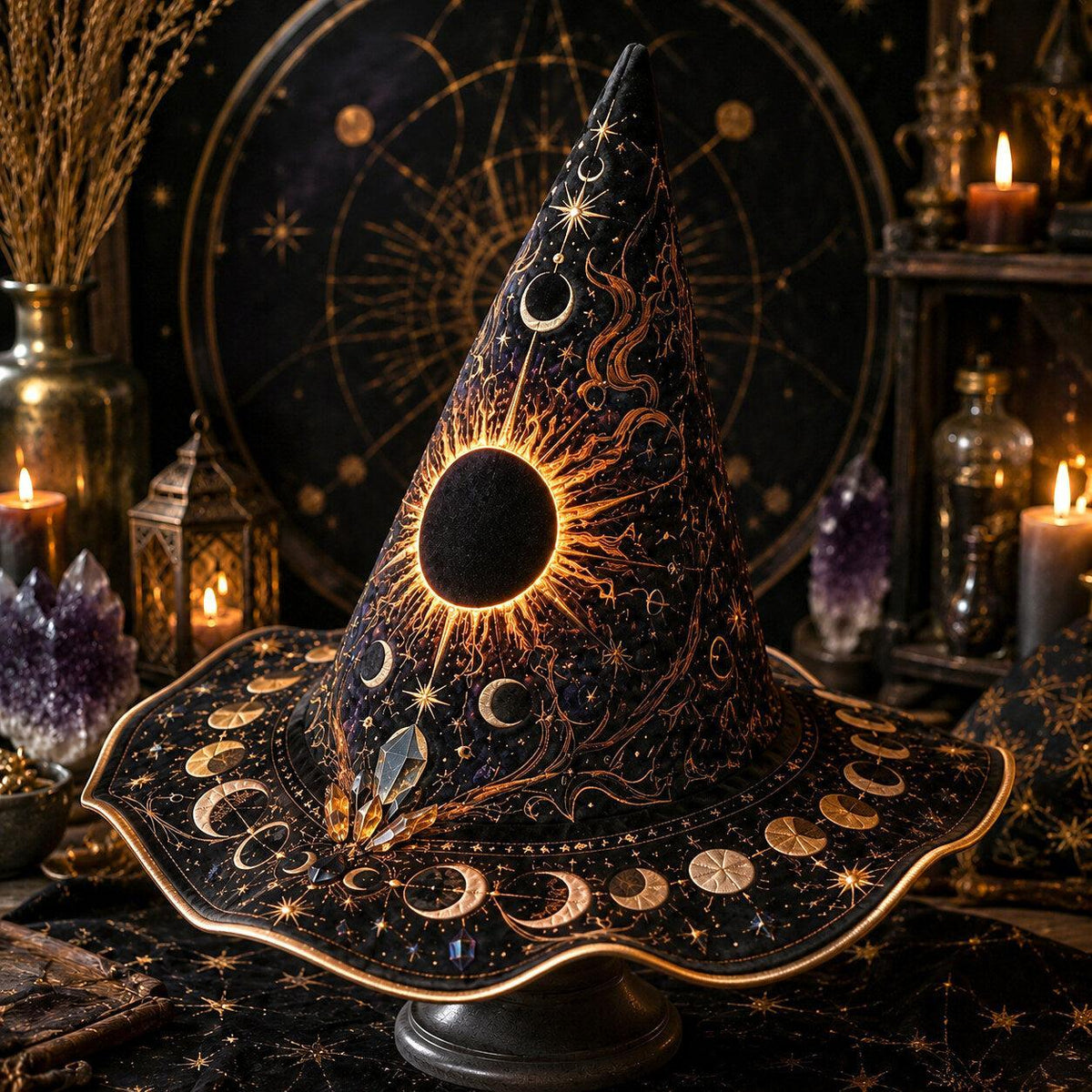 Solar Eclipse Witch Hat – Sun Moon Celestial Wiccan Brim Hat – quilting and print detail