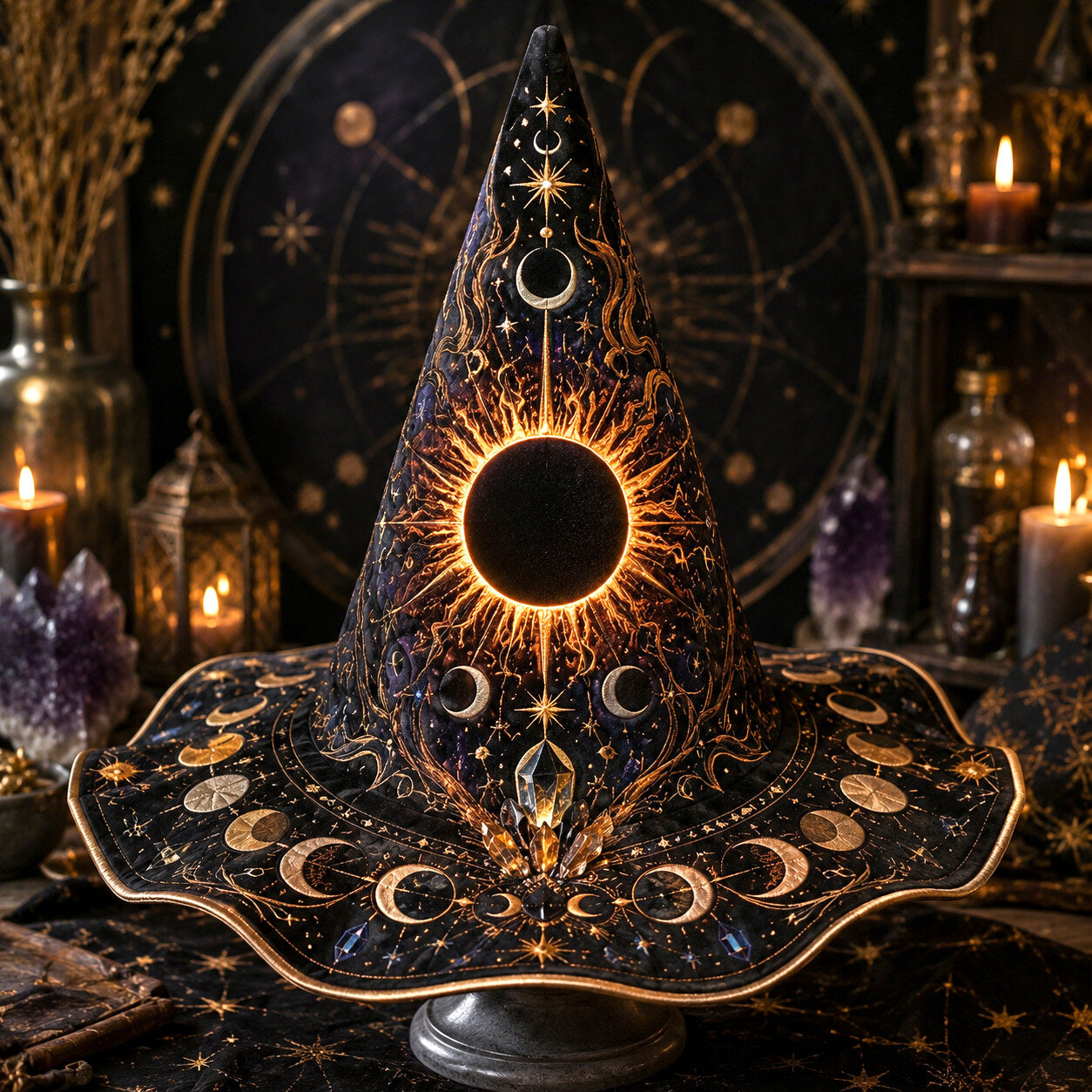Solar Eclipse Witch Hat – Sun Moon Celestial Wiccan Brim Hat – on an altar table