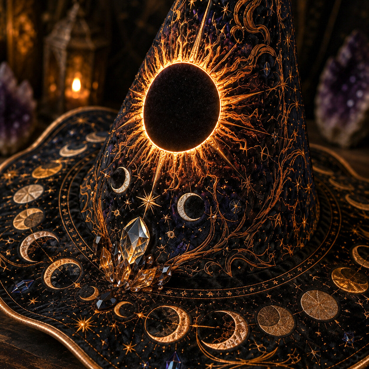 Solar Eclipse Witch Hat – Sun Moon Celestial Wiccan Brim Hat – styled with candles and crystals