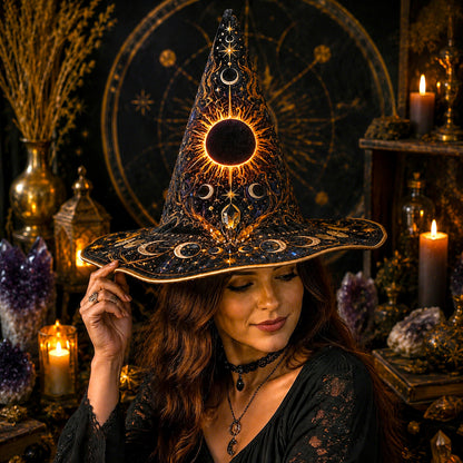 Solar Eclipse Witch Hat – Sun Moon Celestial Wiccan Brim Hat – worn, front view