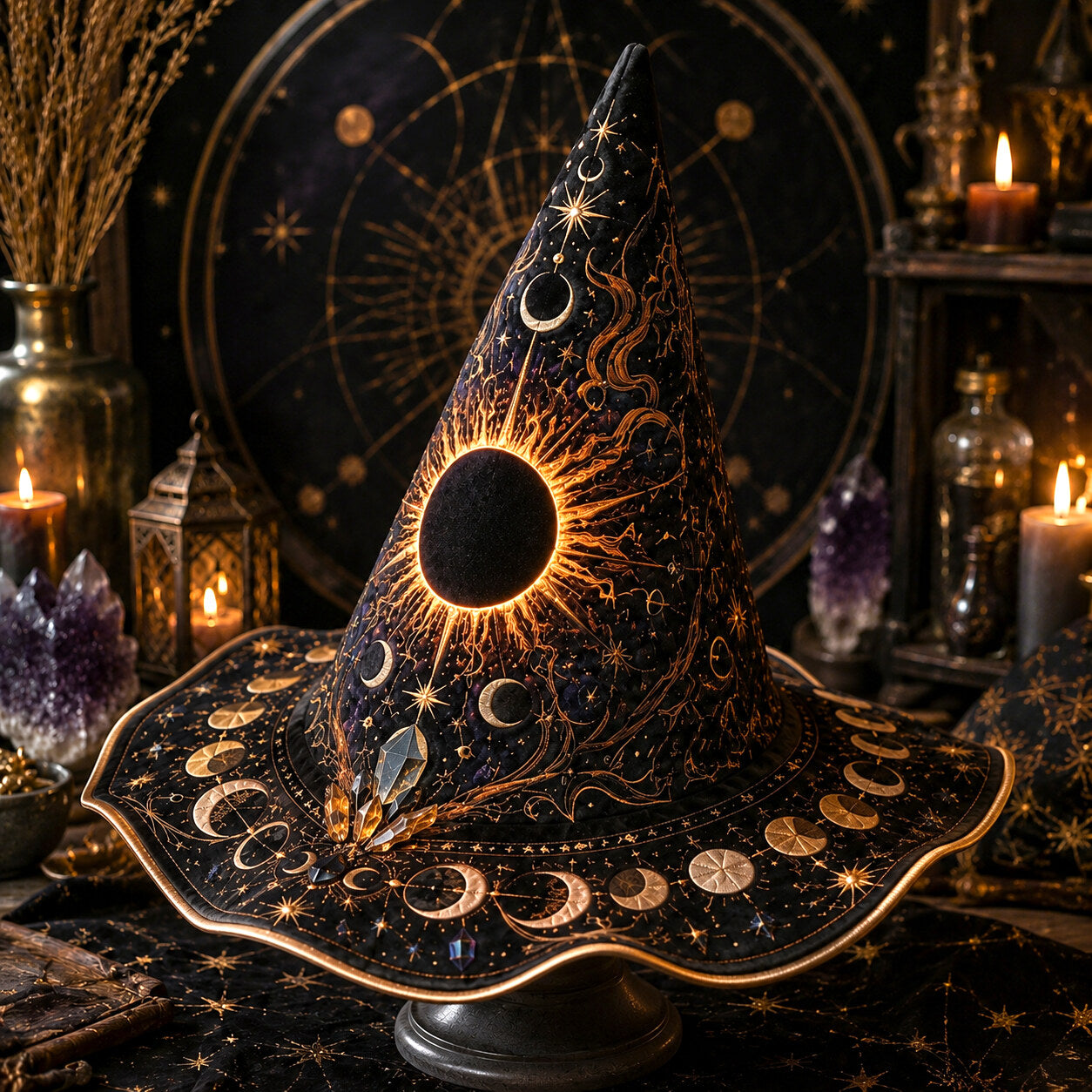 Solar Eclipse Witch Hat – Sun Moon Celestial Wiccan Brim Hat – quilting and print detail