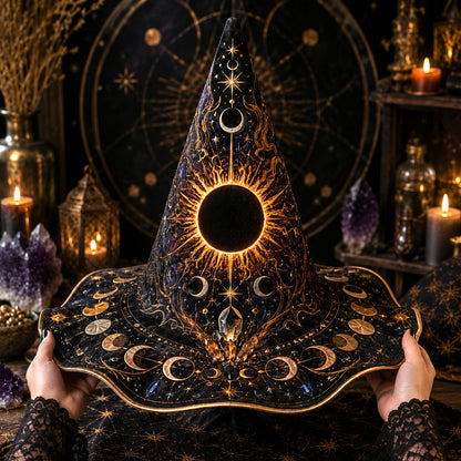 Solar Eclipse Witch Hat – Sun Moon Celestial Wiccan Brim Hat – held in both hands
