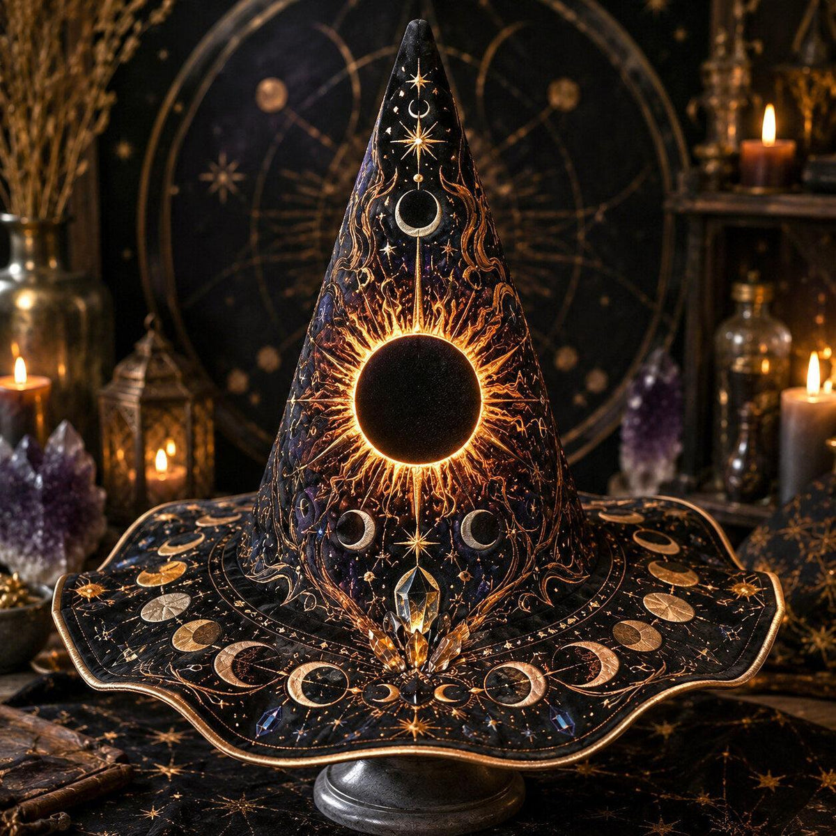Solar Eclipse Witch Hat – Sun Moon Celestial Wiccan Brim Hat – on an altar table