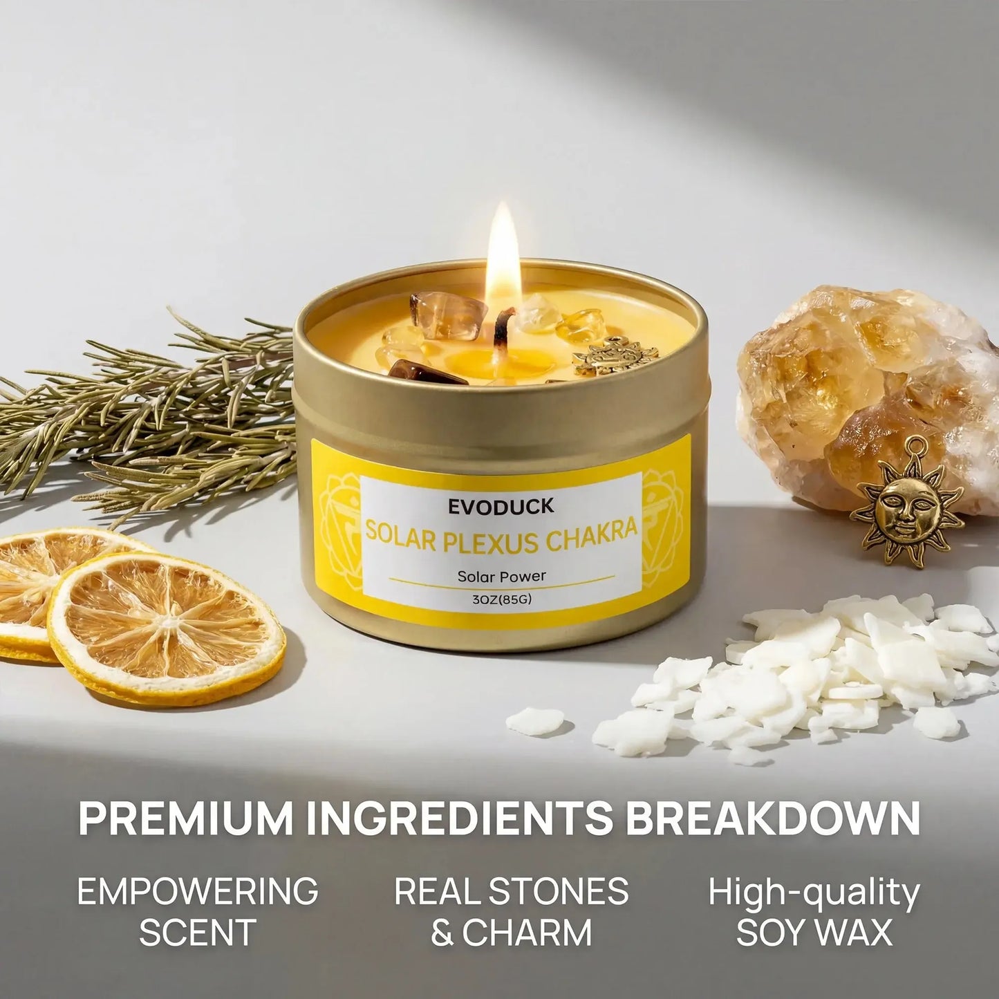 Solar Plexus Chakra candle premium ingredients: empowering scent, real stones and charm, soy wax