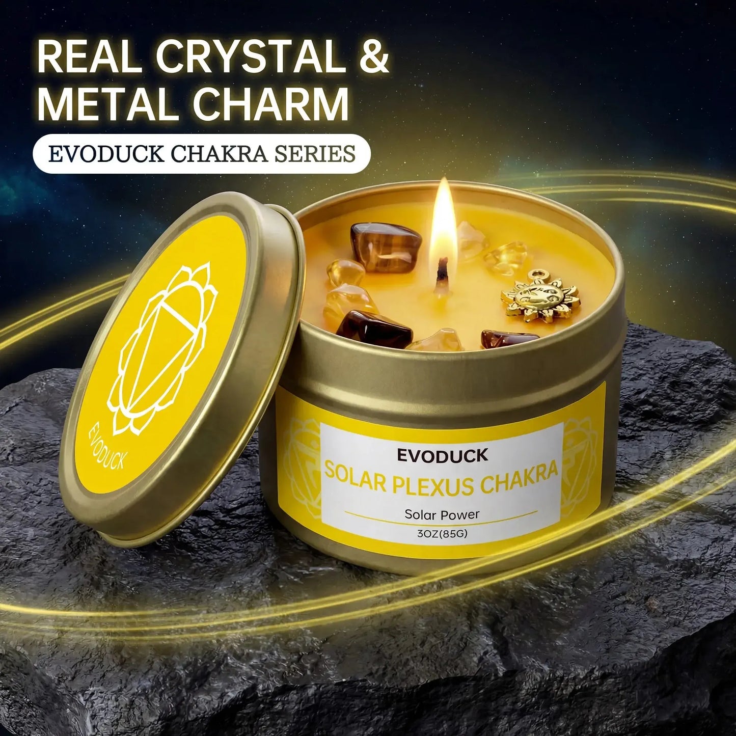 Solar Plexus Chakra candle with real crystal and metal charm close-up