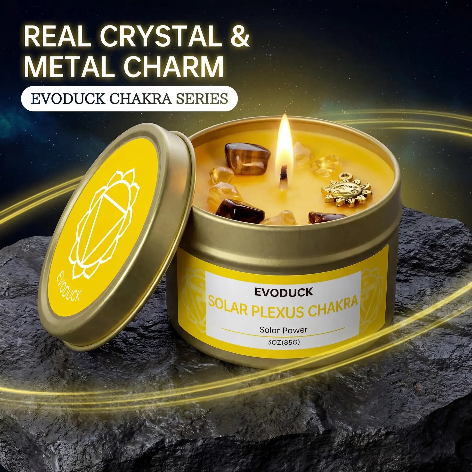 Solar Plexus Chakra candle with real crystal and metal charm close-up