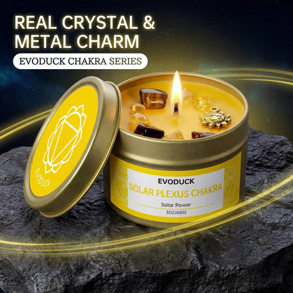 Solar Plexus Chakra candle with real crystal and metal charm close-up