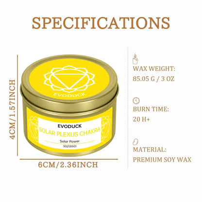 Solar Plexus Chakra candle specifications: wax weight, burn time, soy wax material, and size