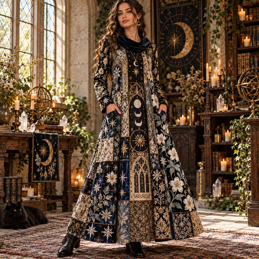 Solstice Moon Priestess Celestial Cowl Neck Dress – Pagan Patchwork Maxi – worn, front view