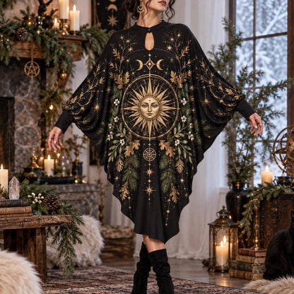 Solstice Sun Wheel Pagan Batwing Dress – Yule Witchy Celestial Midi – worn, front view