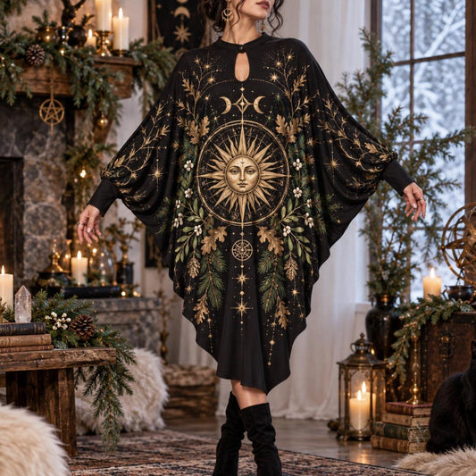 Solstice Sun Wheel Pagan Batwing Dress – Yule Witchy Celestial Midi – worn, front view