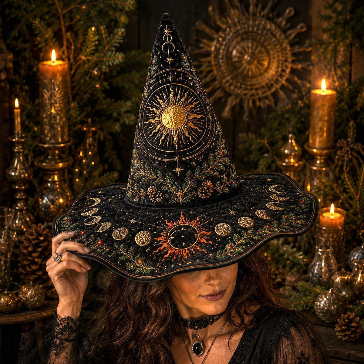 Solstice Sun Witch Hat – Yule Evergreen Pagan Wide Brim Hat – quilting and print detail