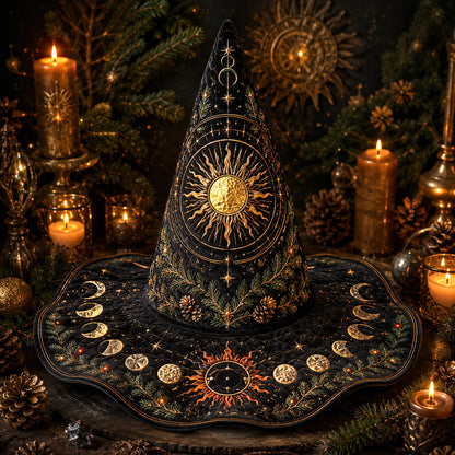 Solstice Sun Witch Hat – Yule Evergreen Pagan Wide Brim Hat – on an altar table
