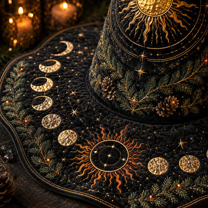 Solstice Sun Witch Hat – Yule Evergreen Pagan Wide Brim Hat – styled with candles and crystals