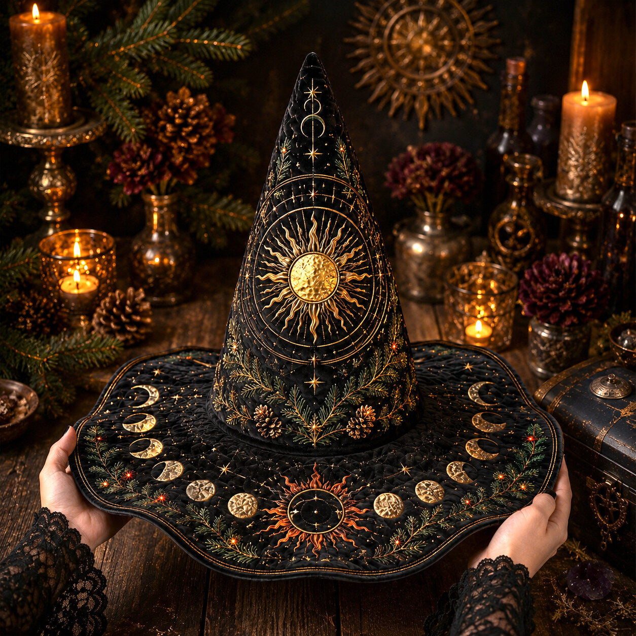 Solstice Sun Witch Hat – Yule Evergreen Pagan Wide Brim Hat – worn, front view