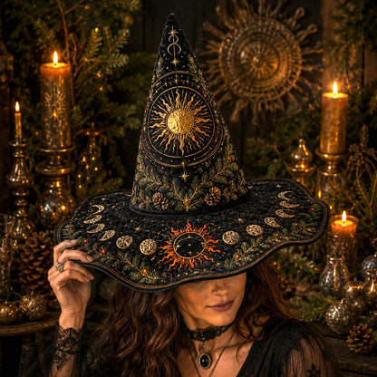 Solstice Sun Witch Hat – Yule Evergreen Pagan Wide Brim Hat – quilting and print detail