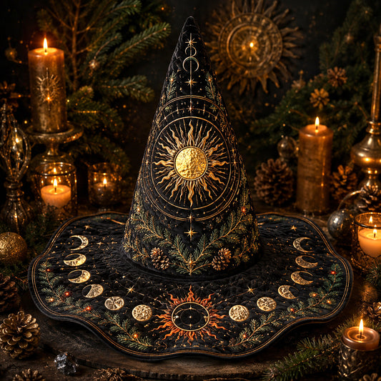 Solstice Sun Witch Hat – Yule Evergreen Pagan Wide Brim Hat – on an altar table