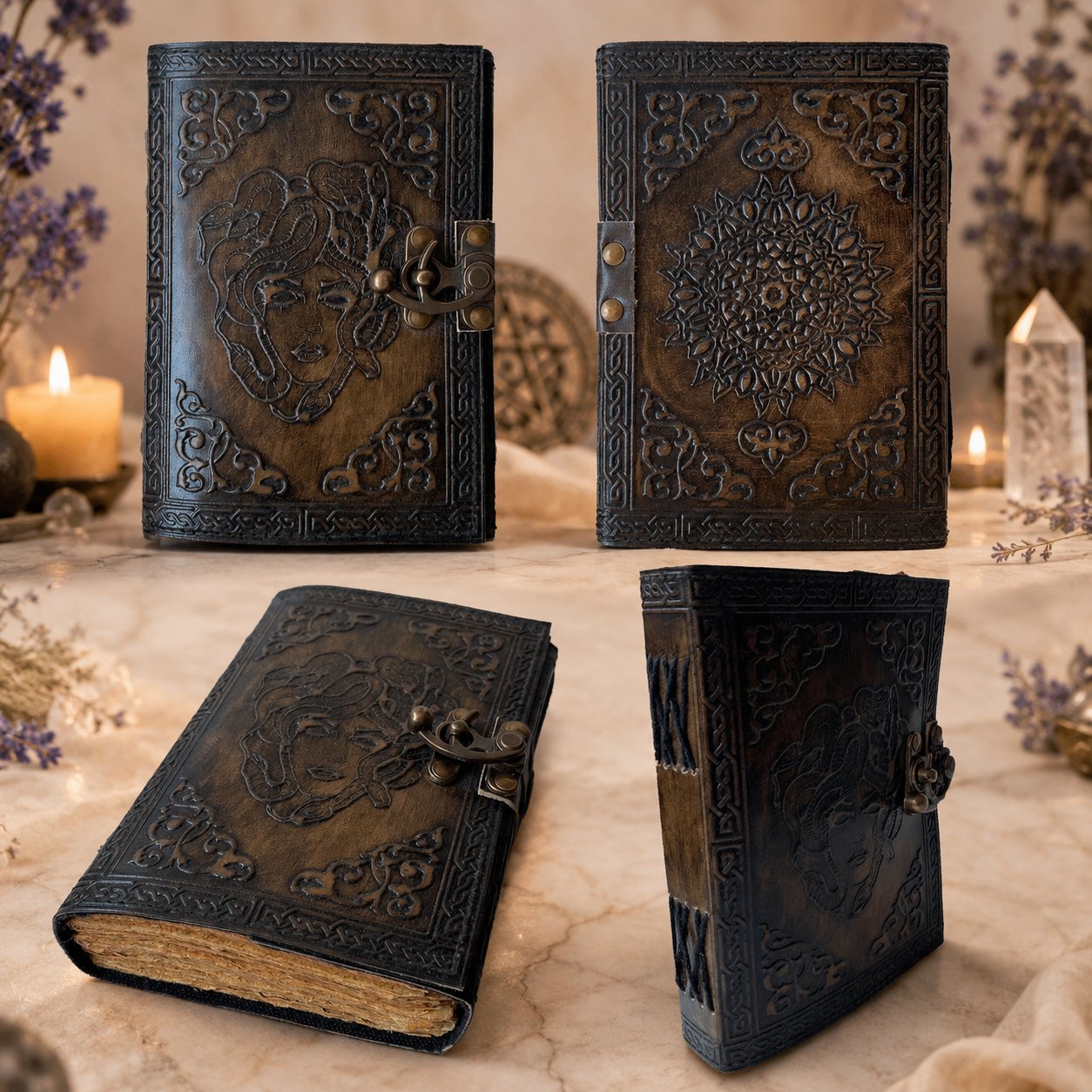 Soul of Snake Medusa Goddess Leather Journal – Handmade Witch Grimoire Book of Shadows – leather journal, back cover view