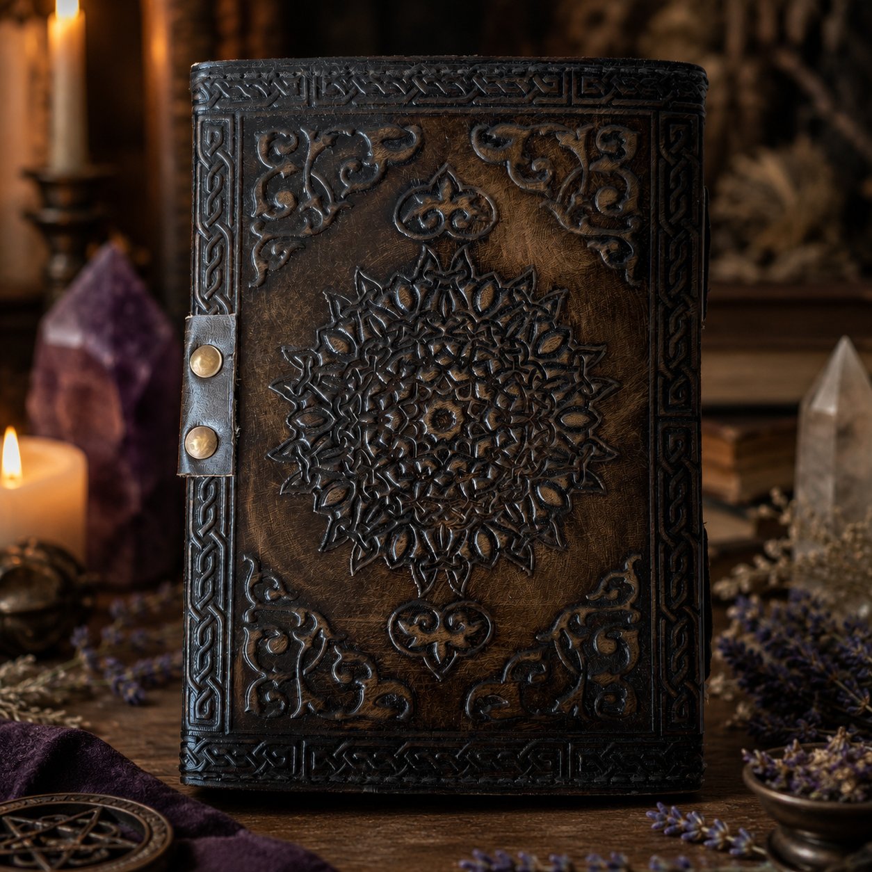 Soul of Snake Medusa Goddess Leather Journal – Handmade Witch Grimoire Book of Shadows – leather journal, open blank pages view