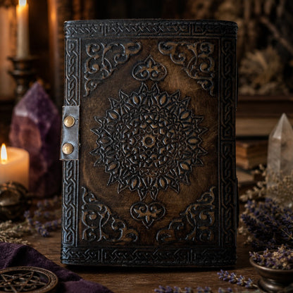 Soul of Snake Medusa Goddess Leather Journal – Handmade Witch Grimoire Book of Shadows – leather journal, open blank pages view